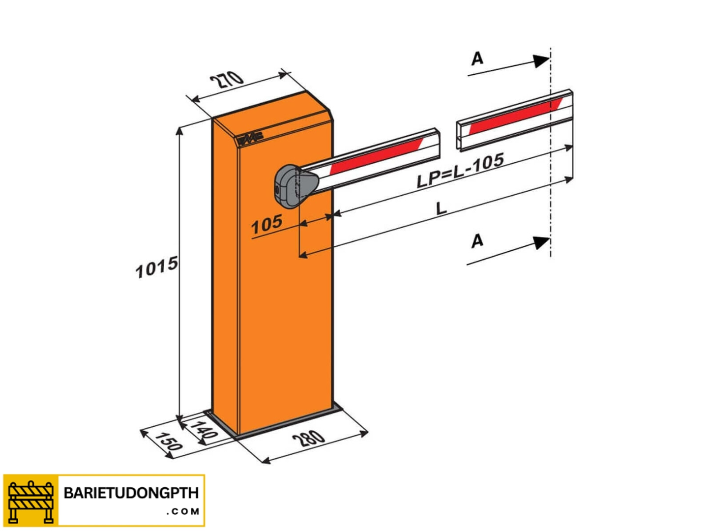 Barrier tự động Faac 615 (tay cần dài 5m) 2 kích thước barie faac 615