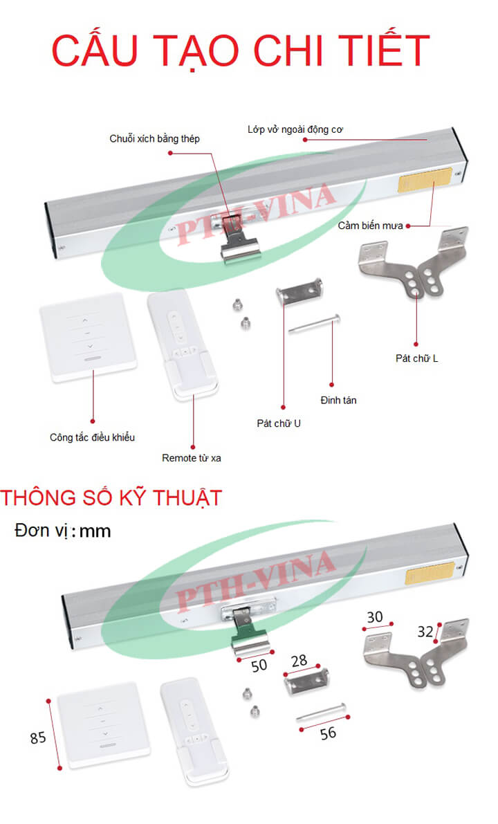 Cấu tạo và kích thước các bộ phận của bộ đóng mở cửa sổ giếng trời