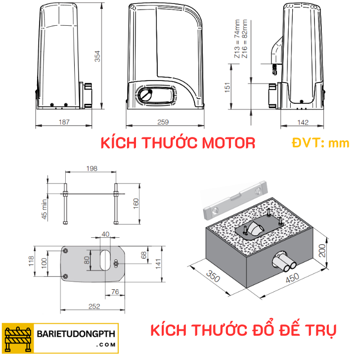 kích thước motor cổng lùa dea 600kg