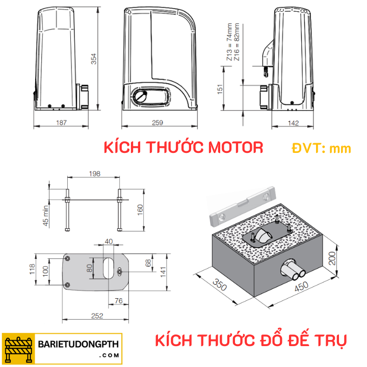 Kích thước motor trượt dea 900kg