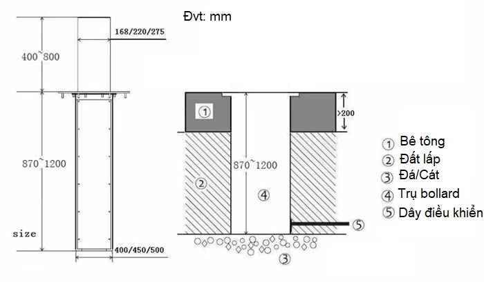 Chuyên phân phối và lắp trụ bollard chắn xe 13 kích thước đào hố lắp bollard