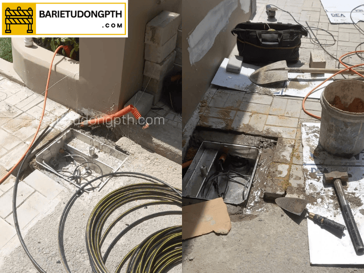 Cách lắp đặt motor cổng âm sàn chi tiết từng bước 9 đổ bê tông cố định đế motor